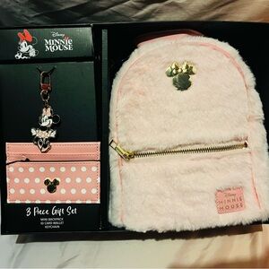 Disney Minnie Mouse Pink Furry Backpack and Card Holder Set